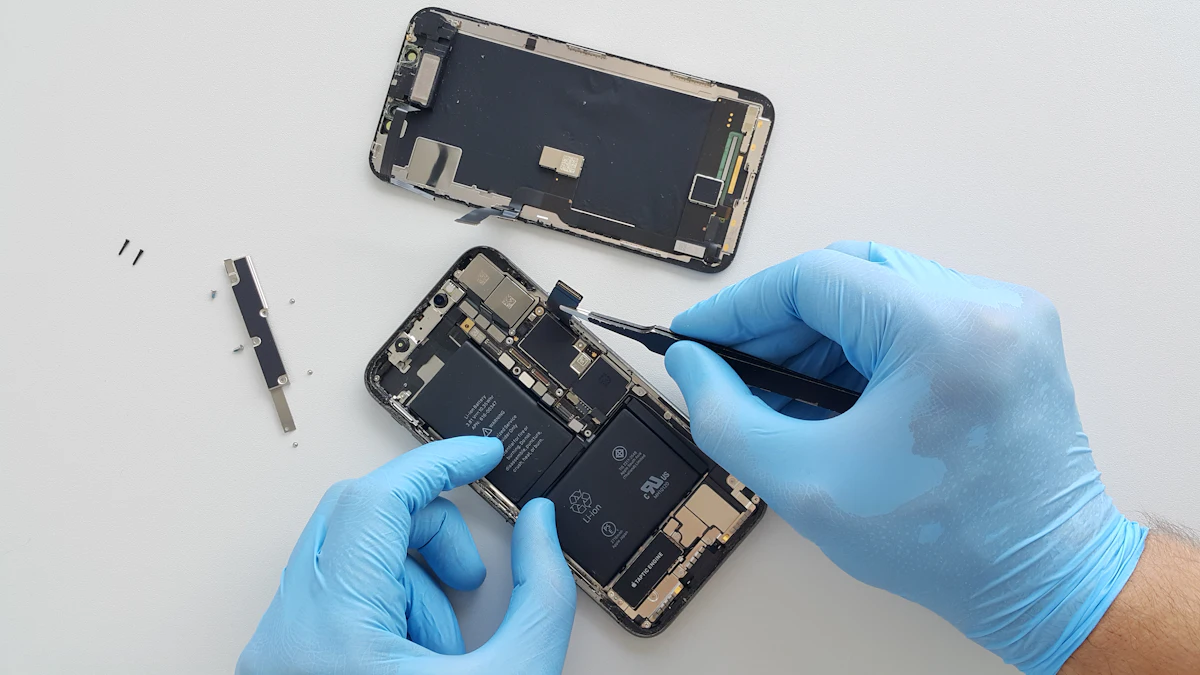 Gloved hands opening a smartphone for repair